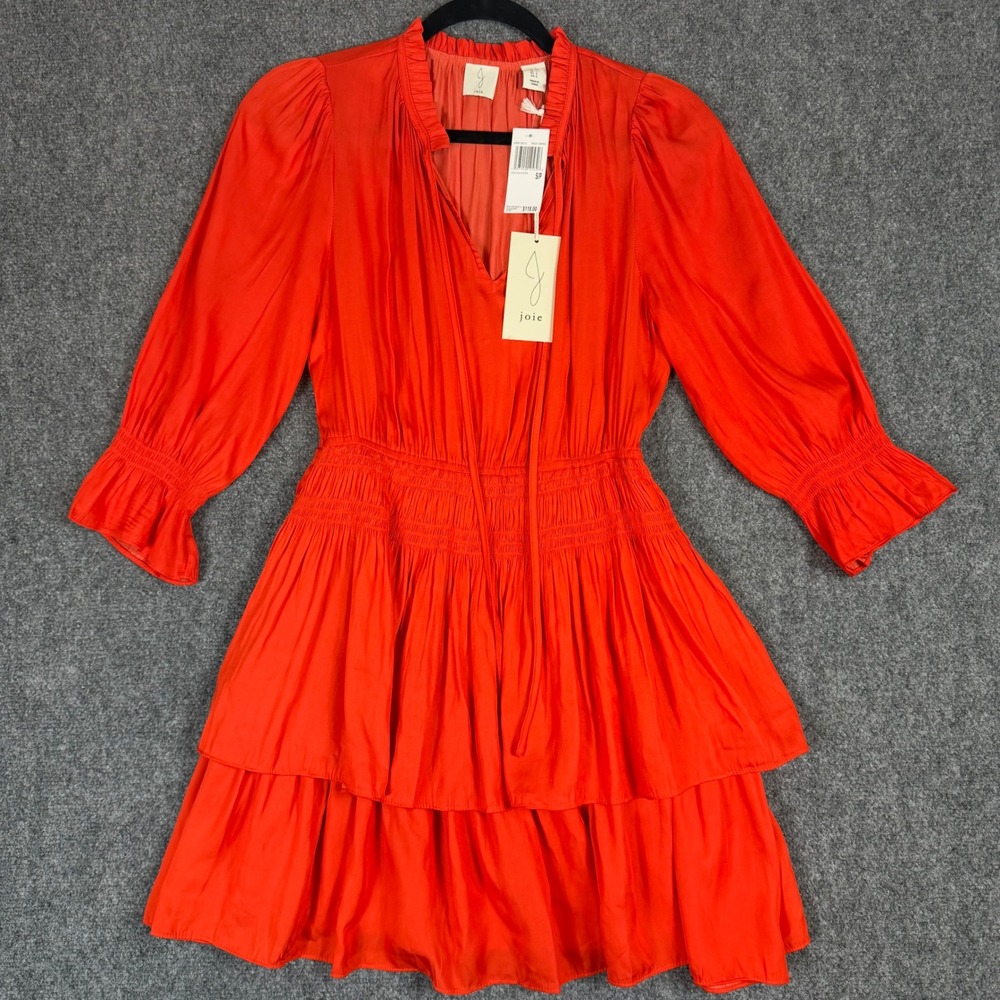 Joie Bright Orange Tiered Smocked Mini Dress S/P NWT MMX-SR216